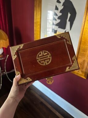 Vintage Chinese Rosewood Hongmu Jewelry Dresser Box with Oranate Brass Mounts